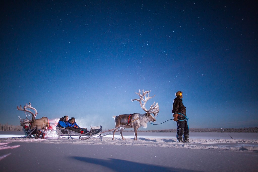 Northern lights reindeer tour on a frozen lake waiting to see the auroras in Torassieppi reindeer farm, Finnish Lapland