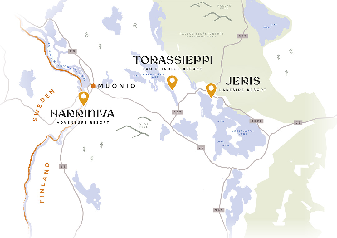 Map of Harriniva Hotels & Safaris destinations in Lapland, Finland