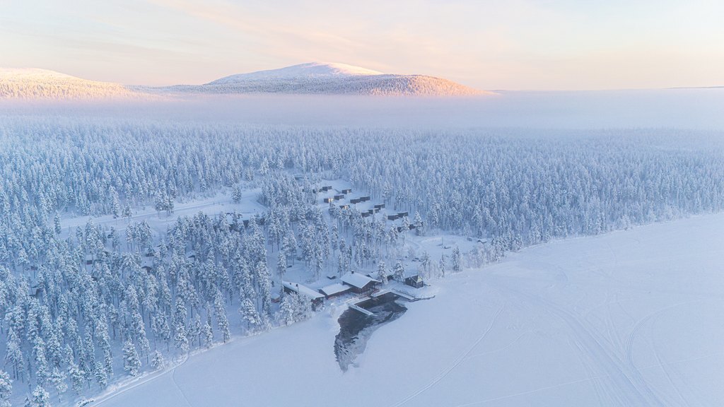 FI: Ilmakuva Jeris Lakeside Resortista talviaamun valossa: Arctic Sky Nest -majoitteet kuuraisen metsän keskellä sekä Arctic Sauna World järven rannalla, edessä jäätynyt järvi ja taustalla Lapin tunturit vaalean taivaan alla. EN: Aerial view of Jeris Lakeside Resort in soft winter morning light: Arctic Sky Nest accommodation set in frosted forest and Arctic Sauna World by the lakeshore, with a frozen lake in the foreground and Lapland fells beneath a pale sky in the background.