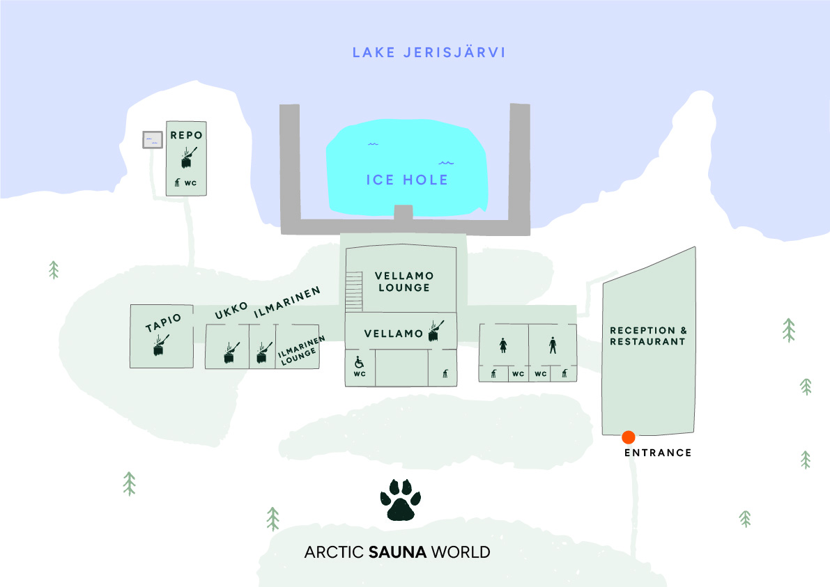 Map of Arctic Sauna World at Jeris lakeside resort in Lapland, Finland