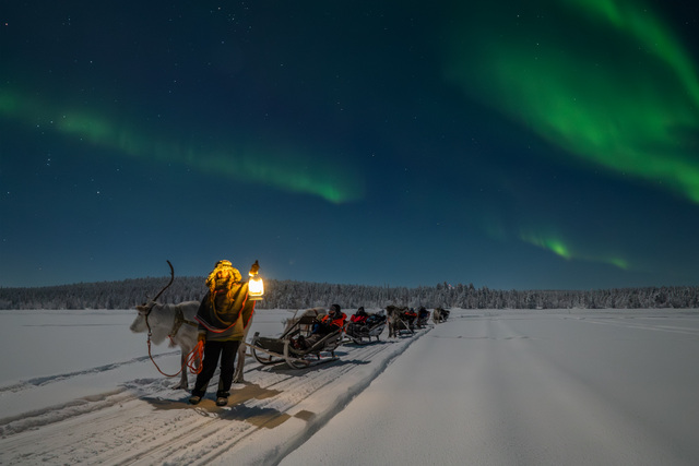 FI: Poromies seisoo poron vierellä ja pitää lyhtyä lumisella järven jäällä, kun porovaljakko ja reki odottavat taustalla revontulien loimutessa taivaalla – Aurora Reindeer Experience osana Best of Northern Lights All-Inclusive -lomapakettia Harriniva Hotels & Safarisissa, Muoniossa, Lapissa.
EN: A reindeer herder stands beside a reindeer holding a lantern on a snowy frozen lake, with a reindeer sleigh waiting behind as the northern lights glow overhead—Aurora Reindeer Experience as part of the Best of Northern Lights All-Inclusive holiday package with Harriniva Hotels & Safaris in Muonio, Lapland.