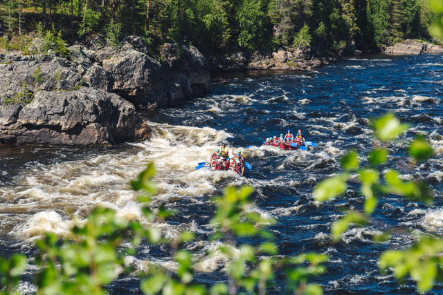 FI: Kaksi kumivenettä laskee kuohuvia koskia Muonionjoella keskellä Lapin vehreää kesämaisemaa. Harriniva Hotels & Safaris tarjoaa kesäaktiviteetteja Lapissa, ja river rafting on Muonionjoki river tuo lomaan vauhtia, luontoa ja yhdessä koettuja seikkailuja. EN: Two rafts make their way through fast-flowing rapids on the Muonionjoki River, surrounded by Lapland’s lush summer scenery. Harriniva Hotels & Safaris offers summer in Lapland with exciting outdoor activities, and river rafting on Muonionjoki river brings adventure, nature, and shared moments on the water.