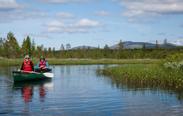 FI: Kaksi melojaa kanoottiretkellä rauhallisessa jokimaisemassa Muoniossa Lapin kesässä. Harriniva Hotels & Safaris tarjoaa kesäaktiviteetteja Lapissa, ja canoeing Muonio yhdistää luonnonrauhan, vesillä liikkumisen ja tunturimaisemat. EN: Two paddlers enjoy a canoe trip on calm waters in Muonio during summer in Lapland. Harriniva Hotels & Safaris offers summer activities in Lapland, and canoeing Muonio combines peaceful nature, time on the water, and scenic fell views.